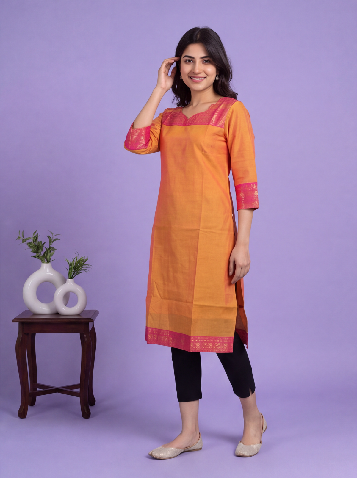Dual Shade Of Mustard Yellow and Pink Chettinad Cotton With Zari Work Straight Kurti