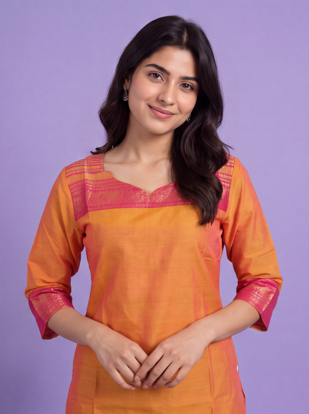 Dual Shade Of Mustard Yellow and Pink Chettinad Cotton With Zari Work Straight Kurti