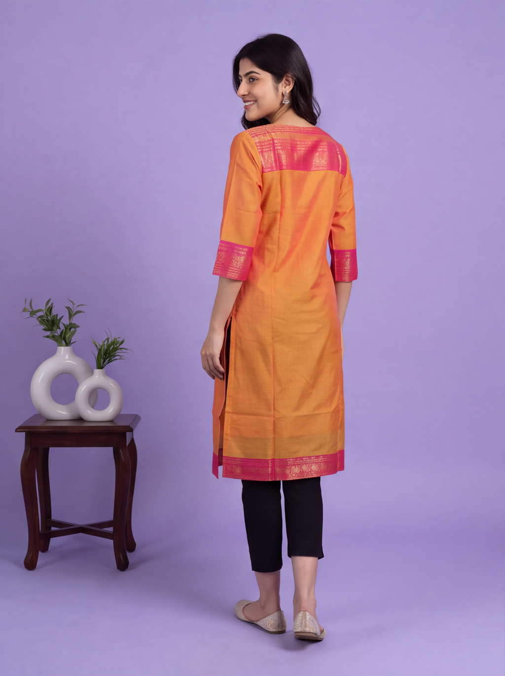 Dual Shade Of Mustard Yellow and Pink Chettinad Cotton With Zari Work Straight Kurti