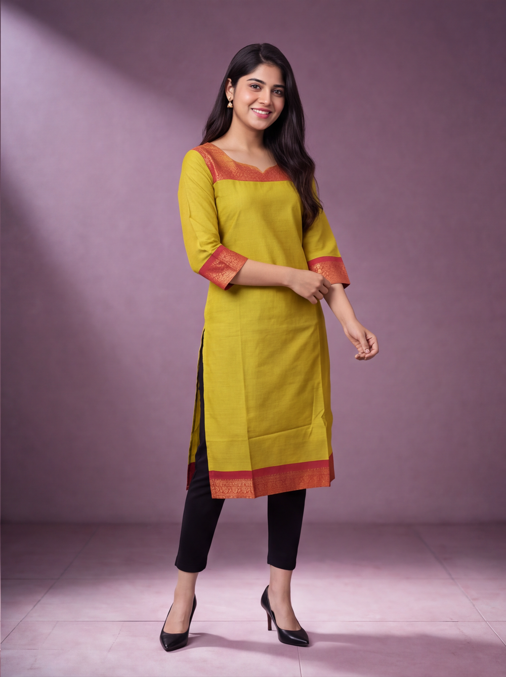 Mehendi Green and Magenta Pink Chettinad Cotton With Zari Work Straight Kurti