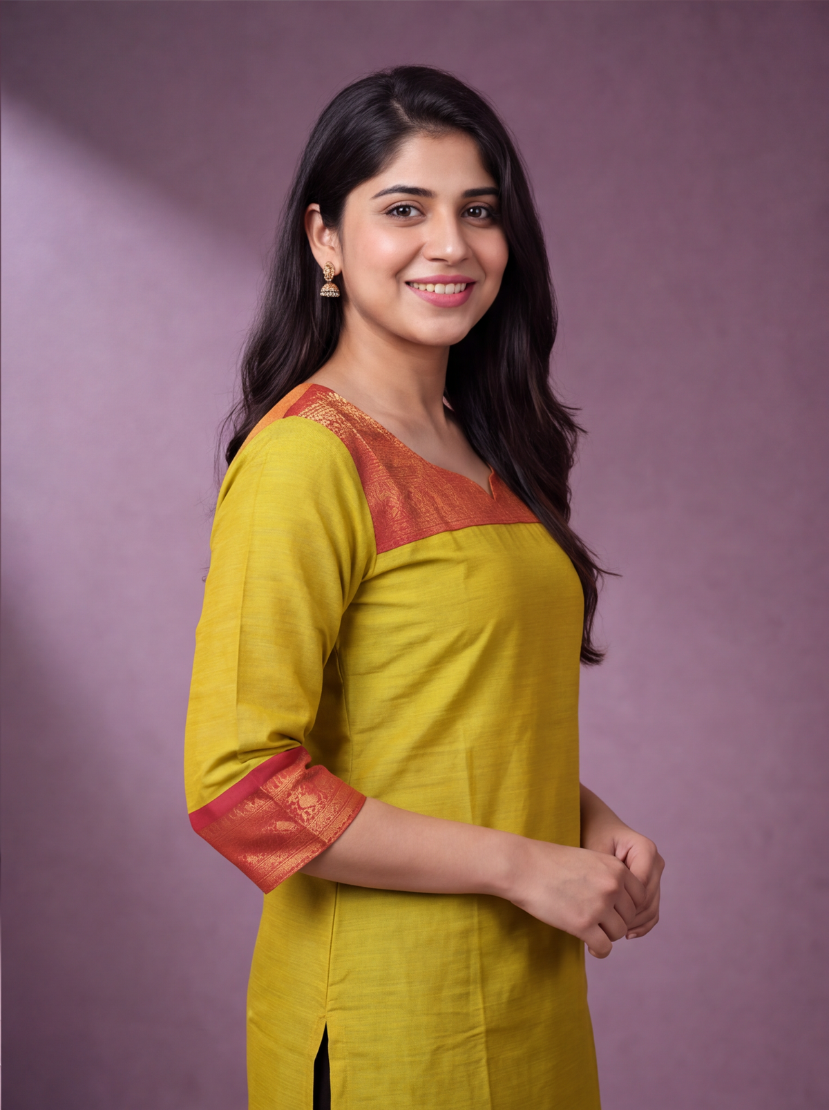 Mehendi Green and Magenta Pink Chettinad Cotton With Zari Work Straight Kurti
