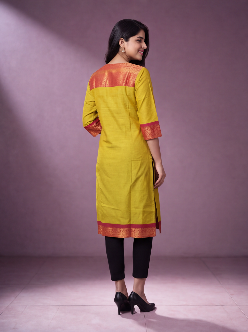 Mehendi Green and Magenta Pink Chettinad Cotton With Zari Work Straight Kurti
