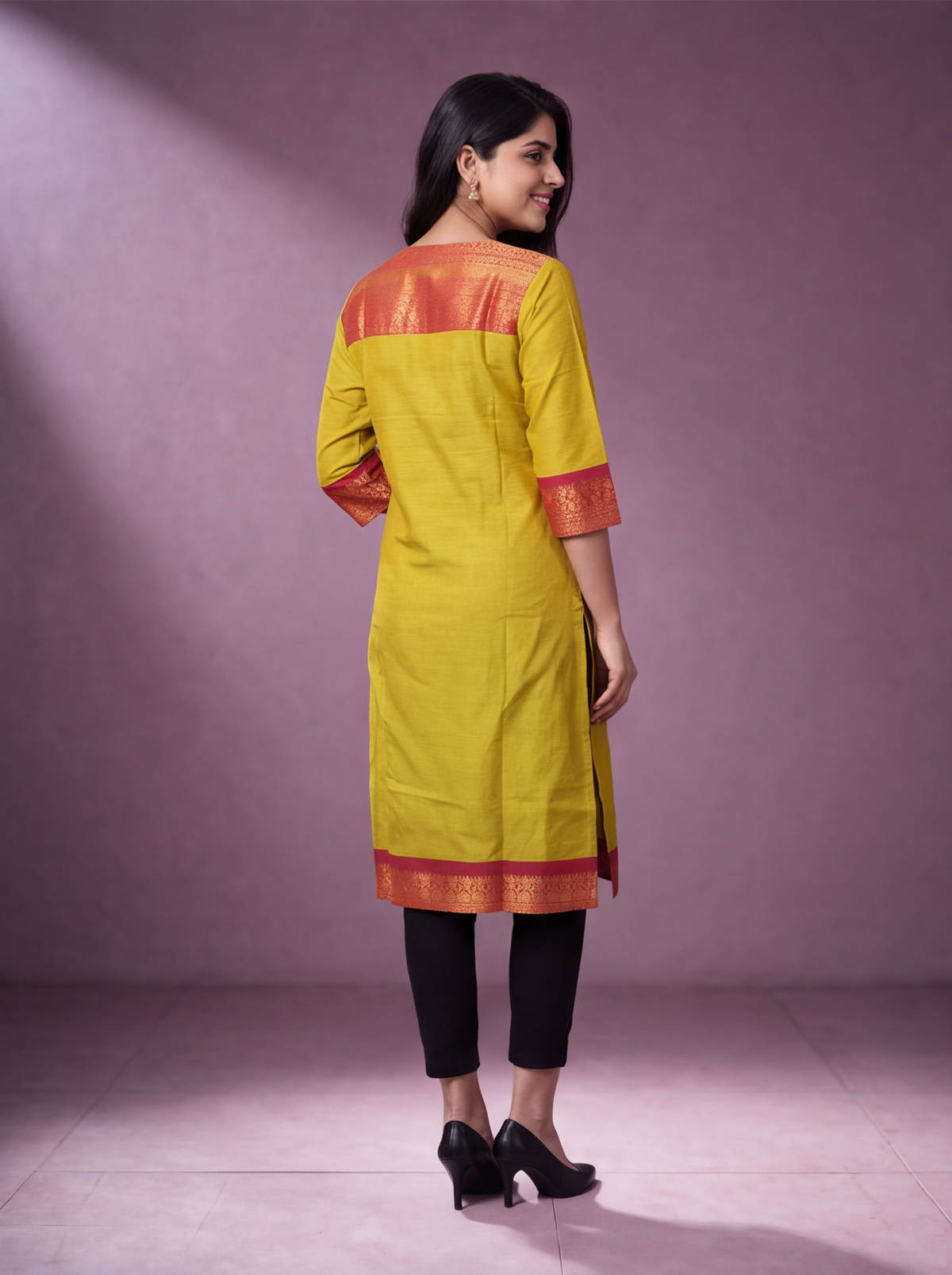 Mehendi Green and Magenta Pink Chettinad Cotton With Zari Work Straight Kurti