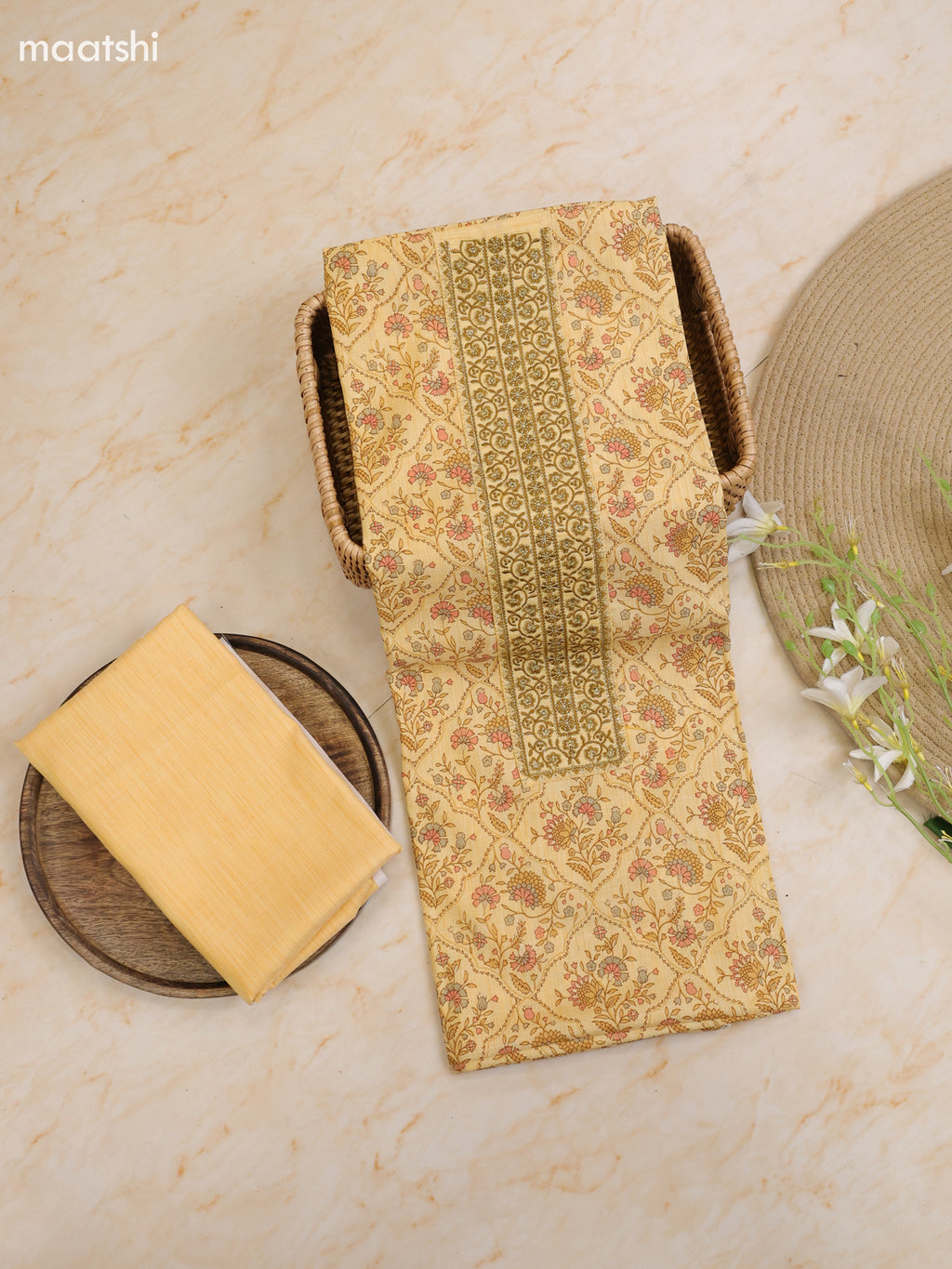 Light Green Cotton Dress Material With Printed & Patch Work Neck Pattern