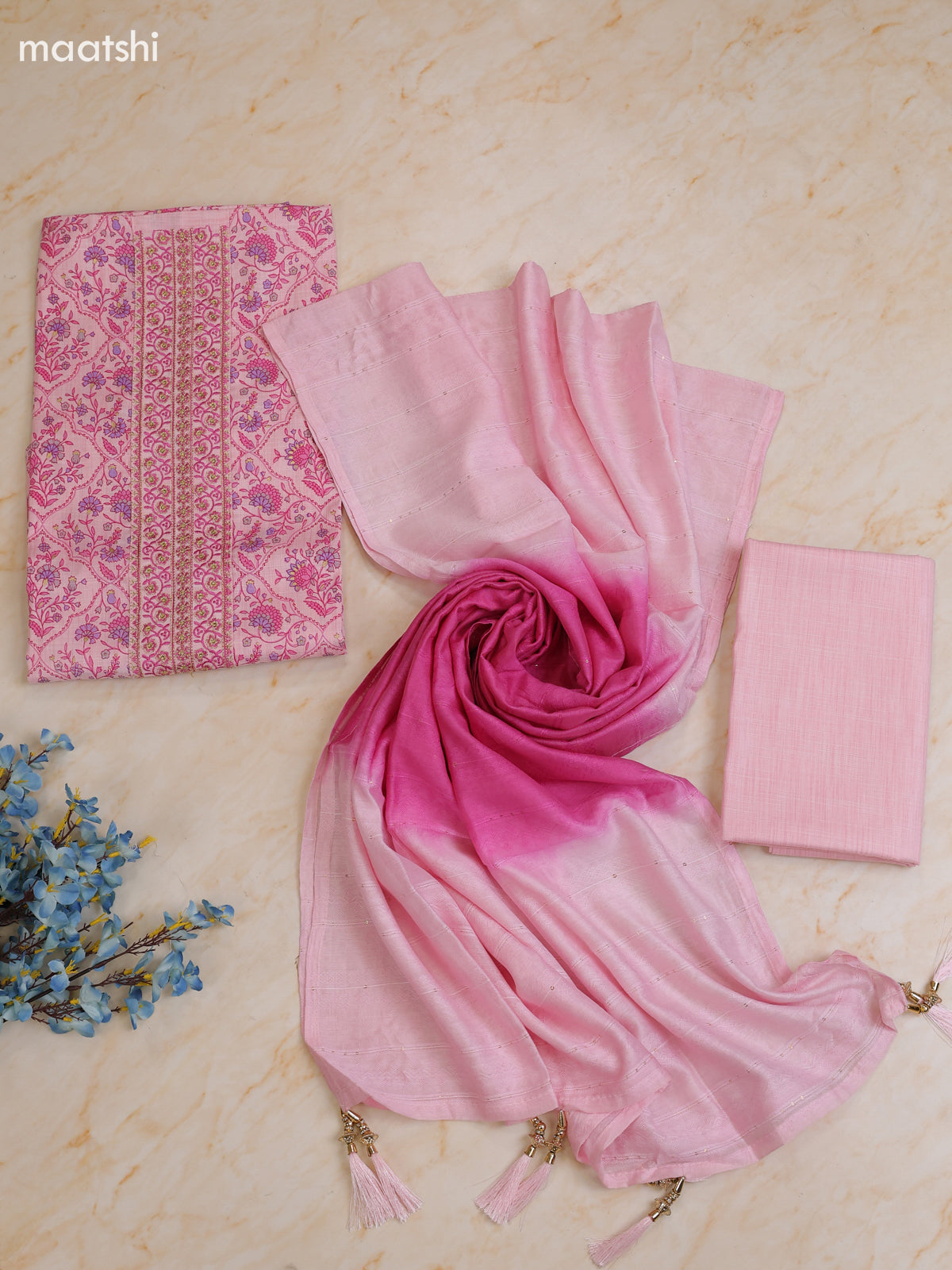 Pink Cotton Dress Material With Printed & Patch Work Neck Pattern With Bottom and Dupatta