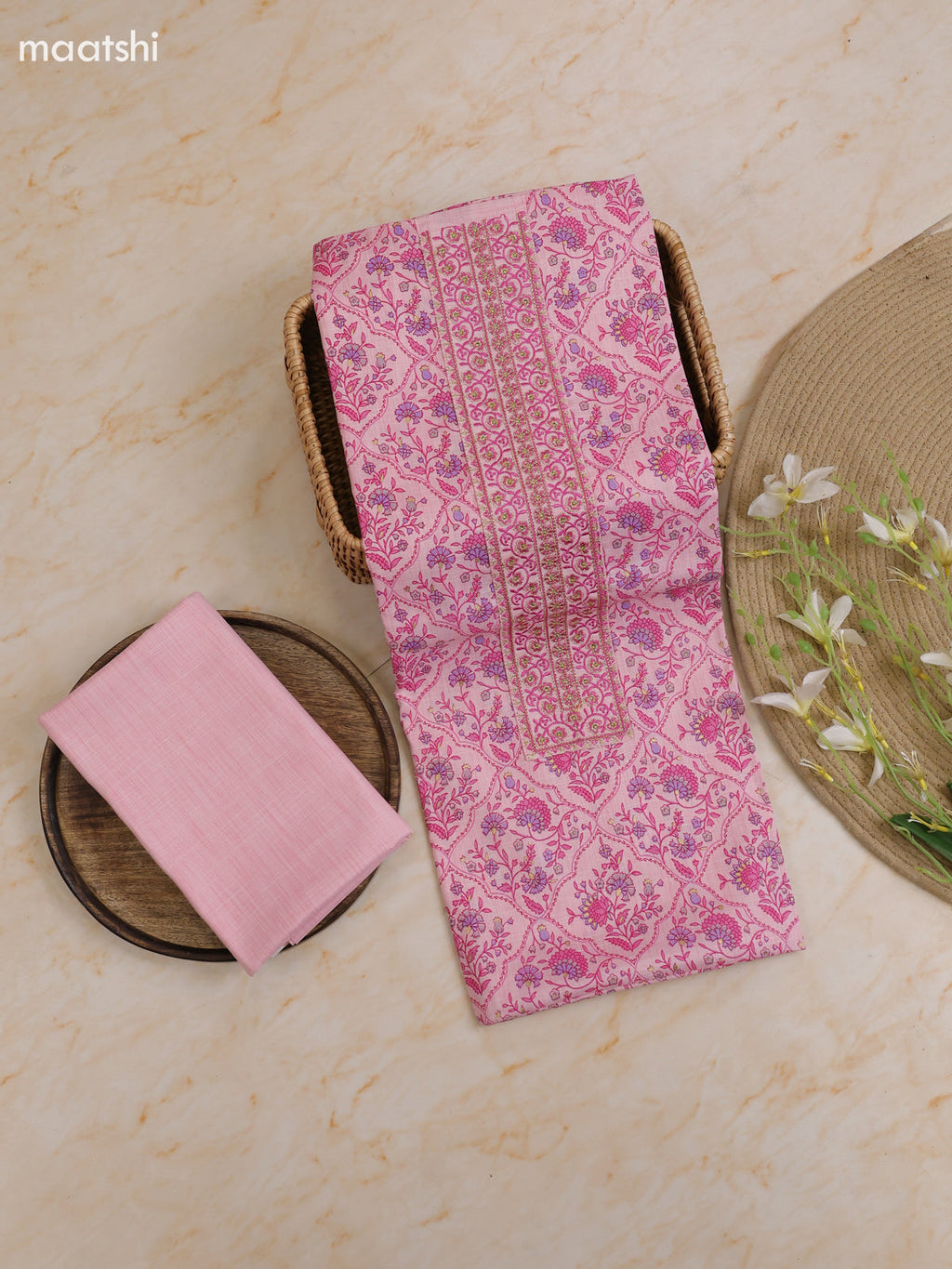 Pink Cotton Dress Material With Printed & Patch Work Neck Pattern With Bottom and Dupatta