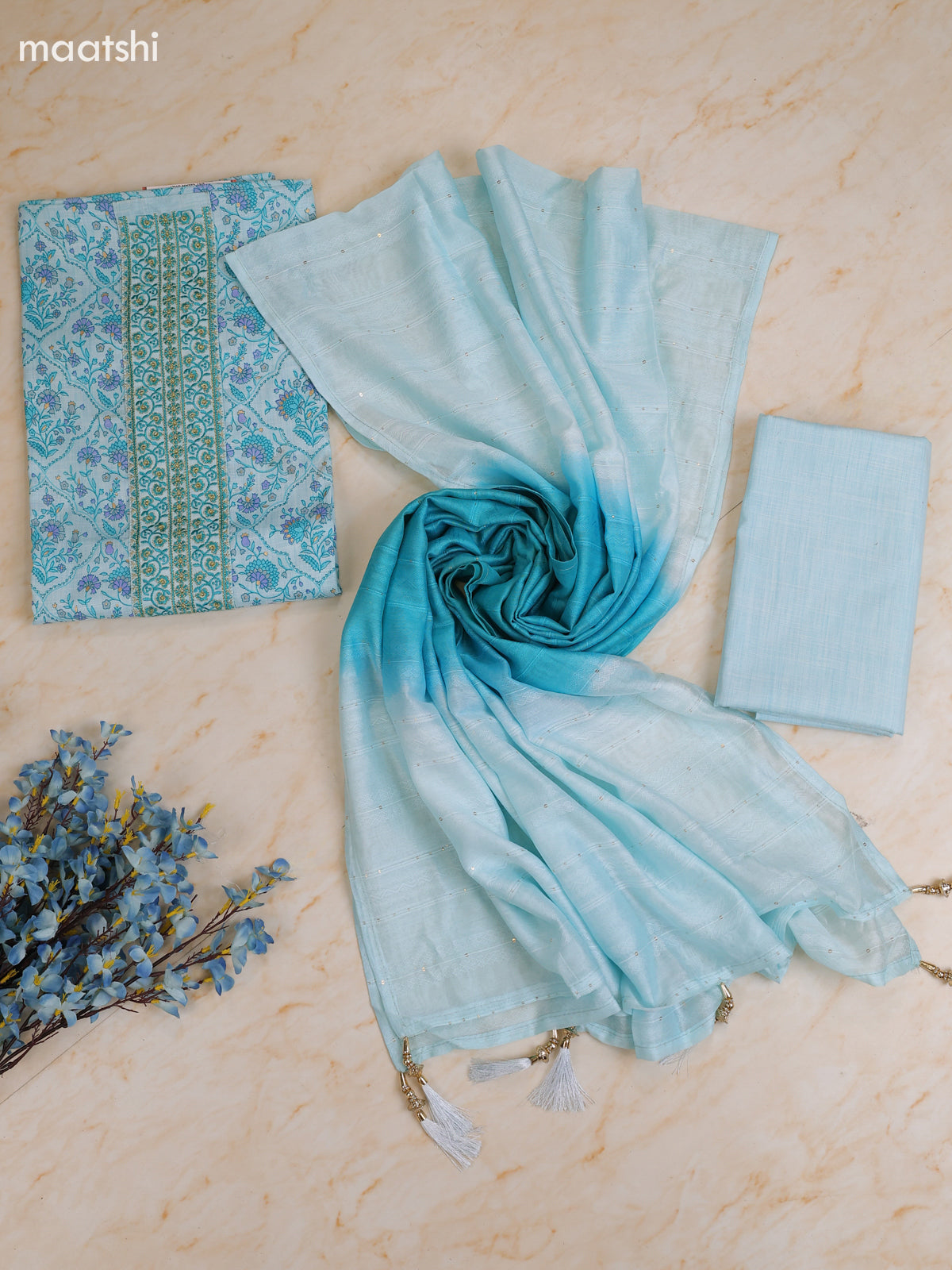 Light Blue Cotton Dress Material With Printed & Patch Work Neck Pattern With Bottom and Dupatta