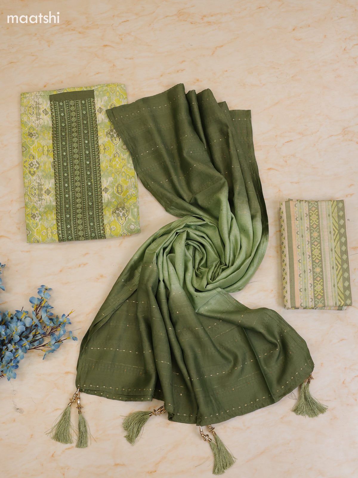Light Green Cotton Dress Material With Printed & Patch Work Neck Pattern