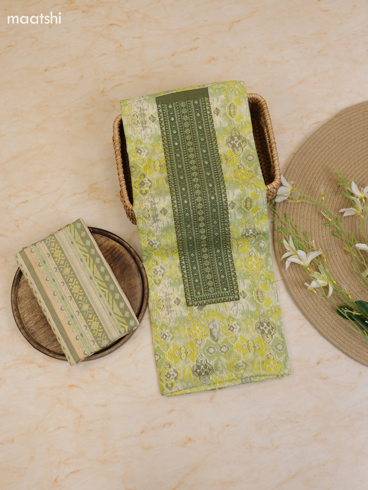Light Green Cotton Dress Material With Printed & Patch Work Neck Pattern