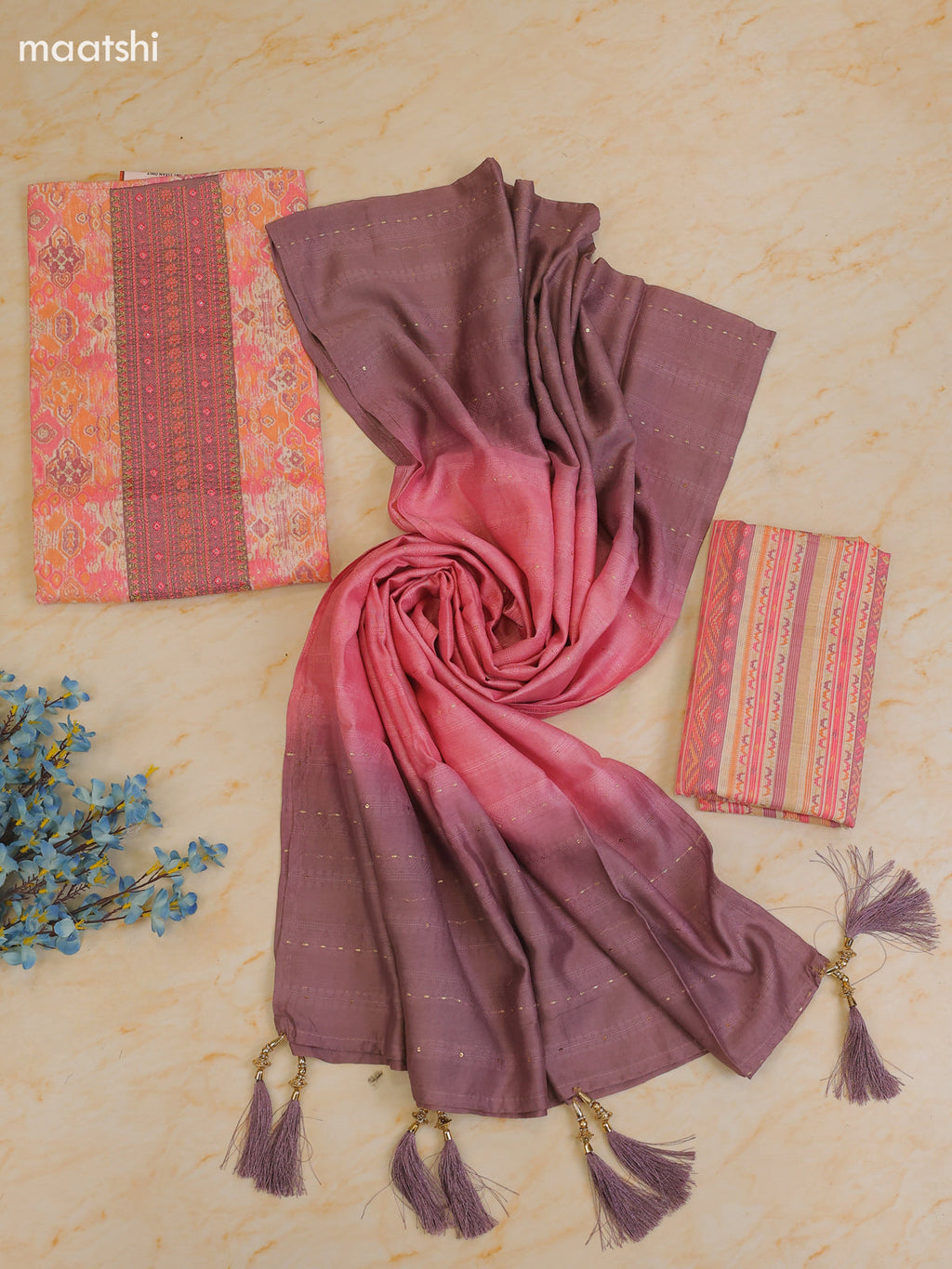 Pink Cotton Dress Material With Printed & Patch Work Neck Pattern With Bottom and Dupatta