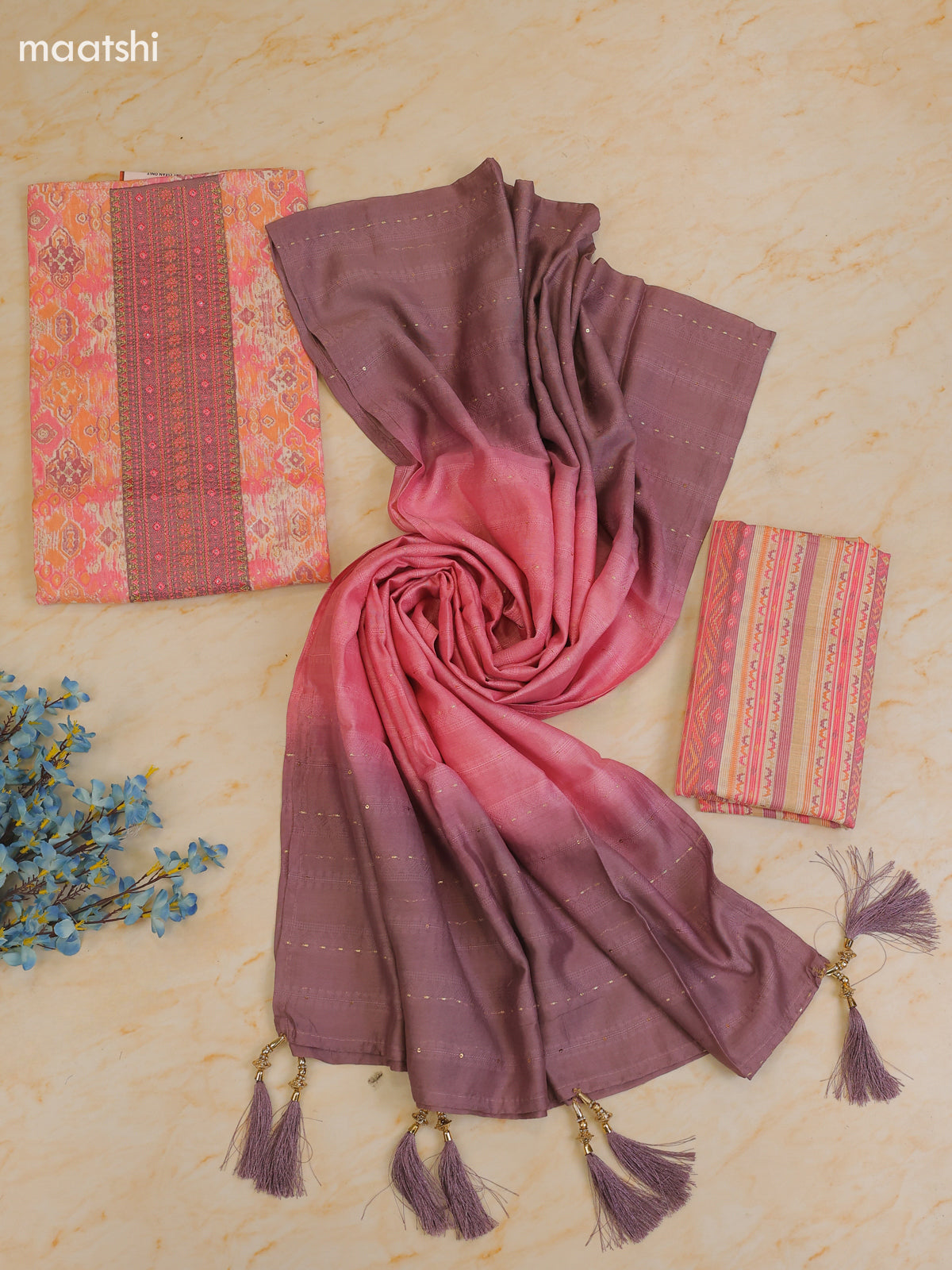Pink Cotton Dress Material With Printed & Patch Work Neck Pattern With Bottom and Dupatta
