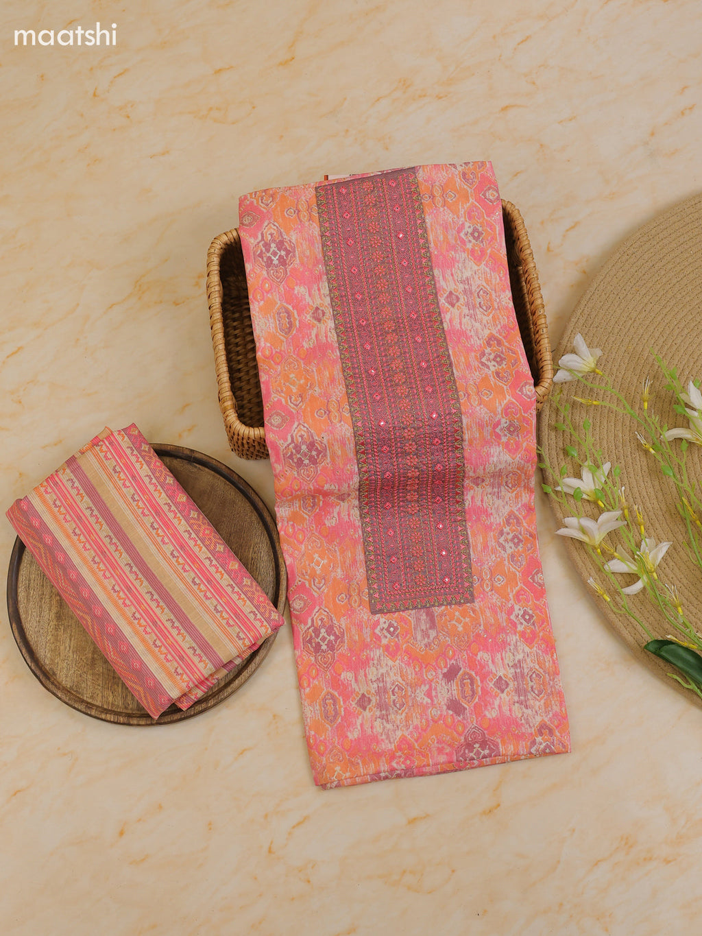Pink Cotton Dress Material With Printed & Patch Work Neck Pattern With Bottom and Dupatta