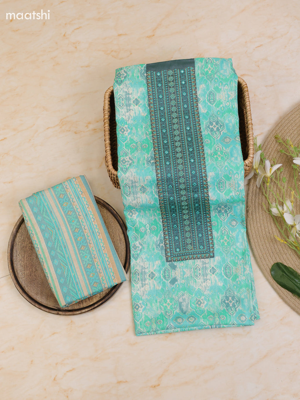 Teal Green Cotton Dress Material With Printed & Patch Work Neck Pattern With Bottom and Dupatta
