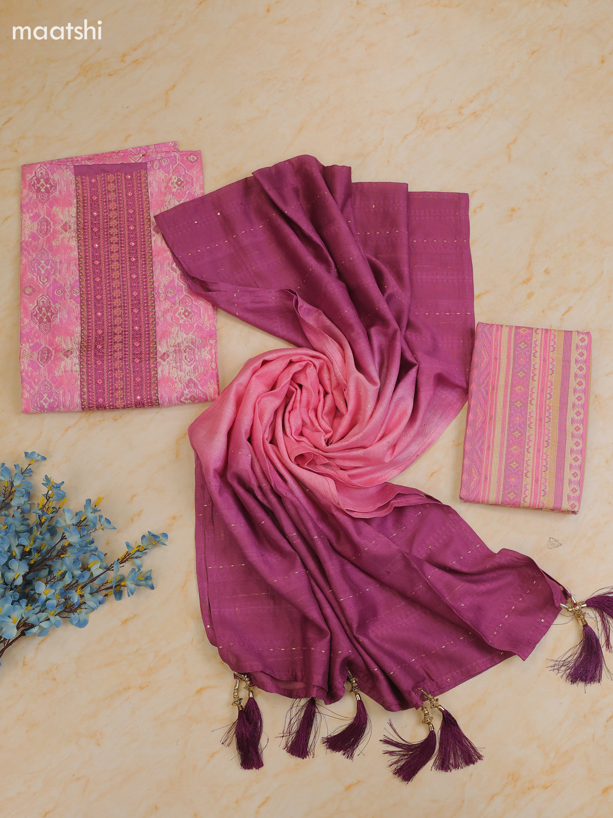 Lotus Pink Cotton Dress Material With Printed & Patch Work Neck Pattern With Bottom and Dupatta