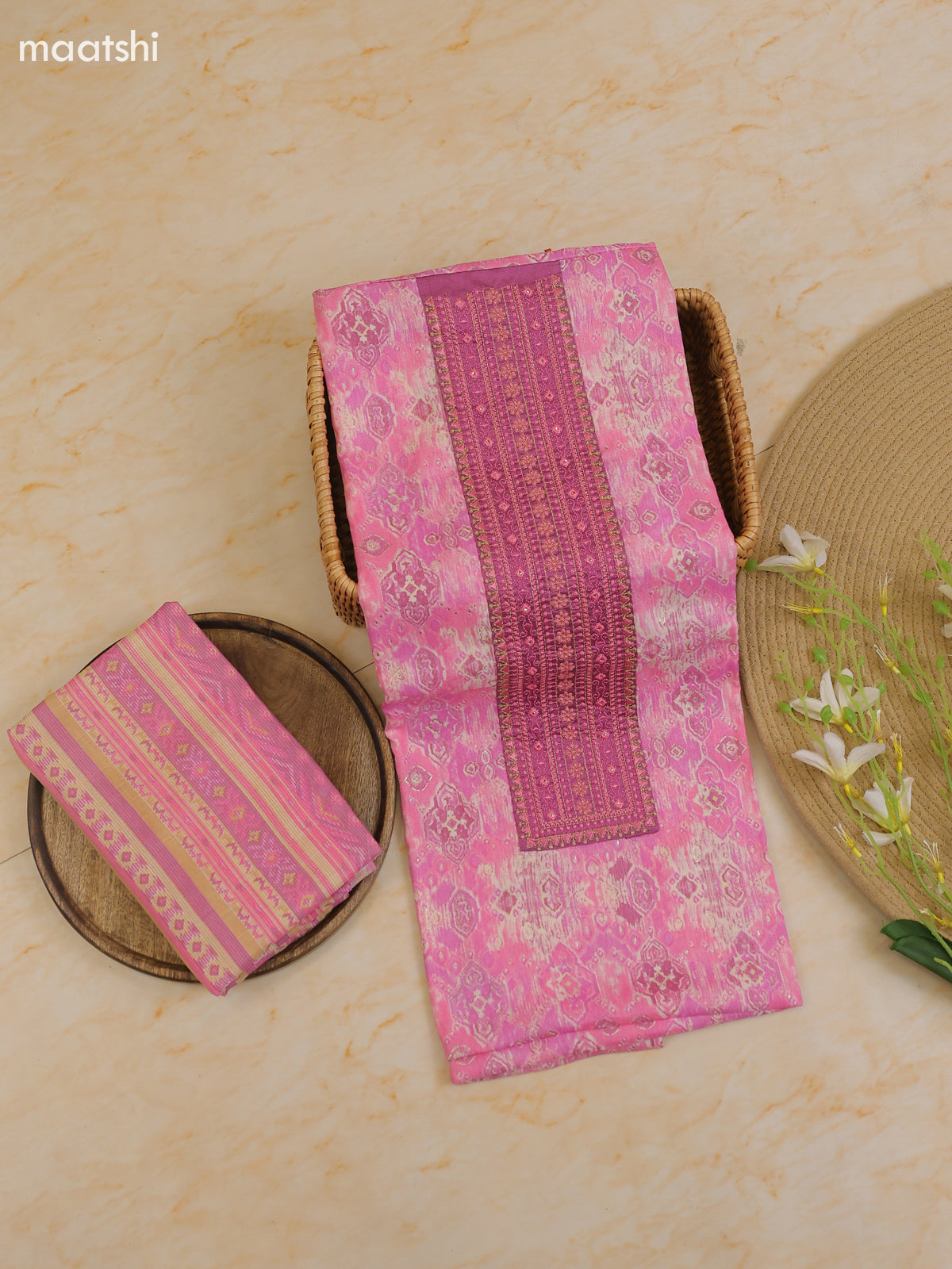 Lotus Pink Cotton Dress Material With Printed & Patch Work Neck Pattern With Bottom and Dupatta