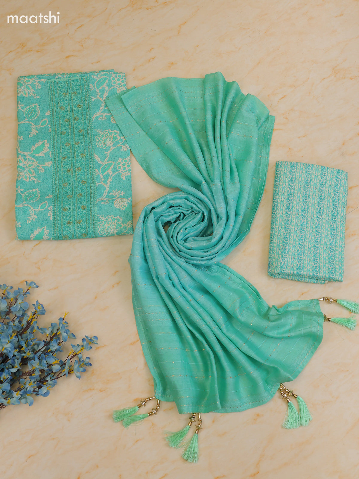 Teal Green Cotton Dress Material With Printed & Patch Work Neck Pattern With Bottom and Dupatta