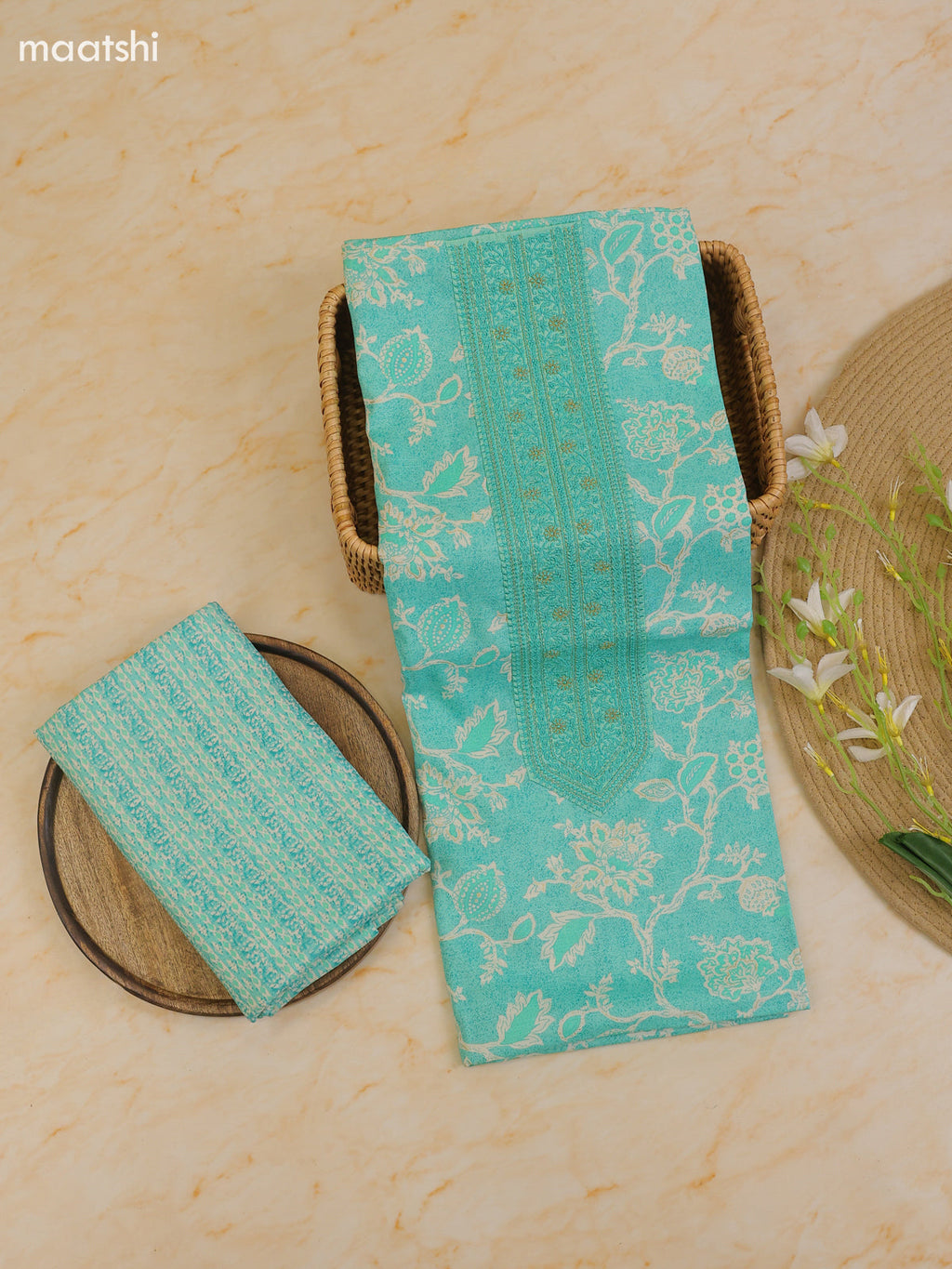 Teal Green Cotton Dress Material With Printed & Patch Work Neck Pattern With Bottom and Dupatta