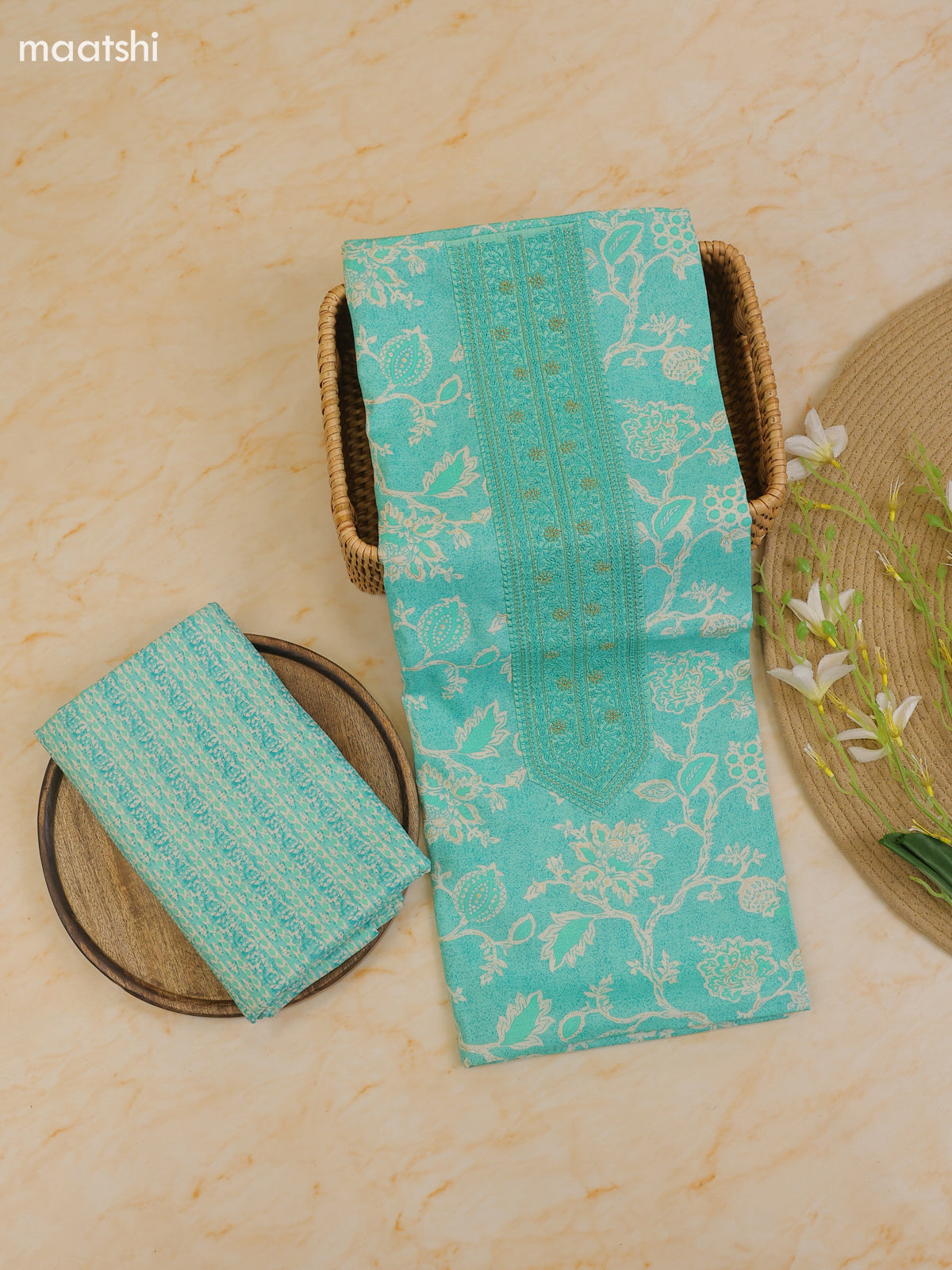 Teal Green Cotton Dress Material With Printed & Patch Work Neck Pattern With Bottom and Dupatta