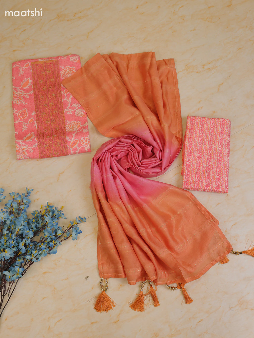 Peach Pink Cotton Dress Material With Printed & Patch Work Neck Pattern With Bottom and Dupatta