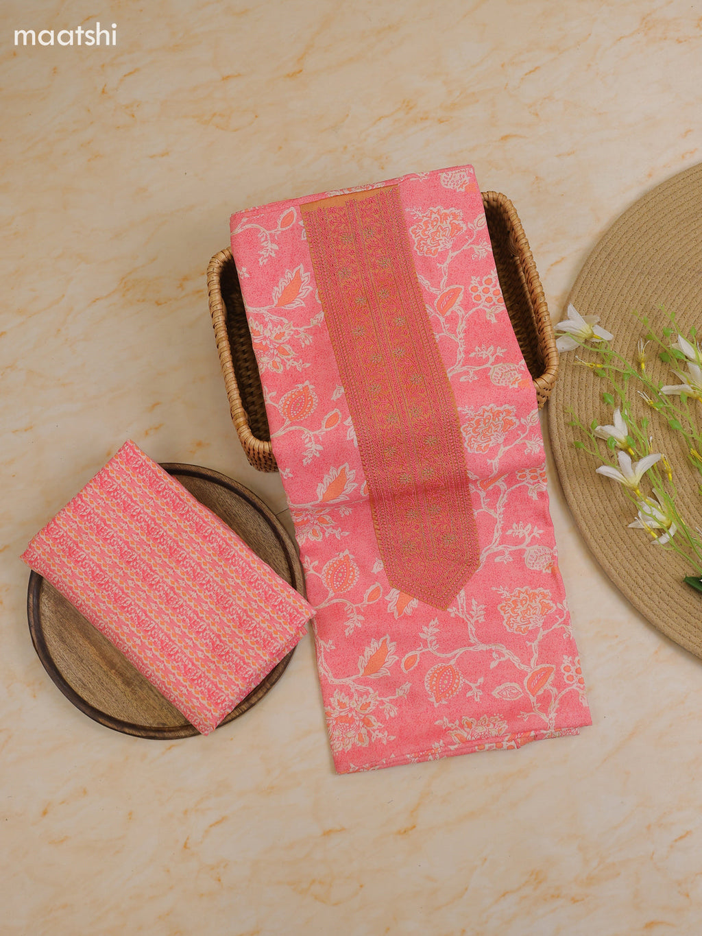Peach Pink Cotton Dress Material With Printed & Patch Work Neck Pattern With Bottom and Dupatta