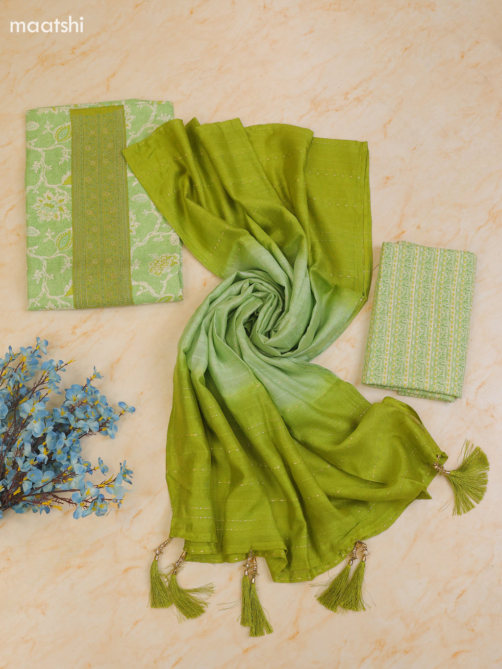Pista Green Cotton Dress Material With Printed & Patch Work Neck Pattern With Bottom and Dupatta