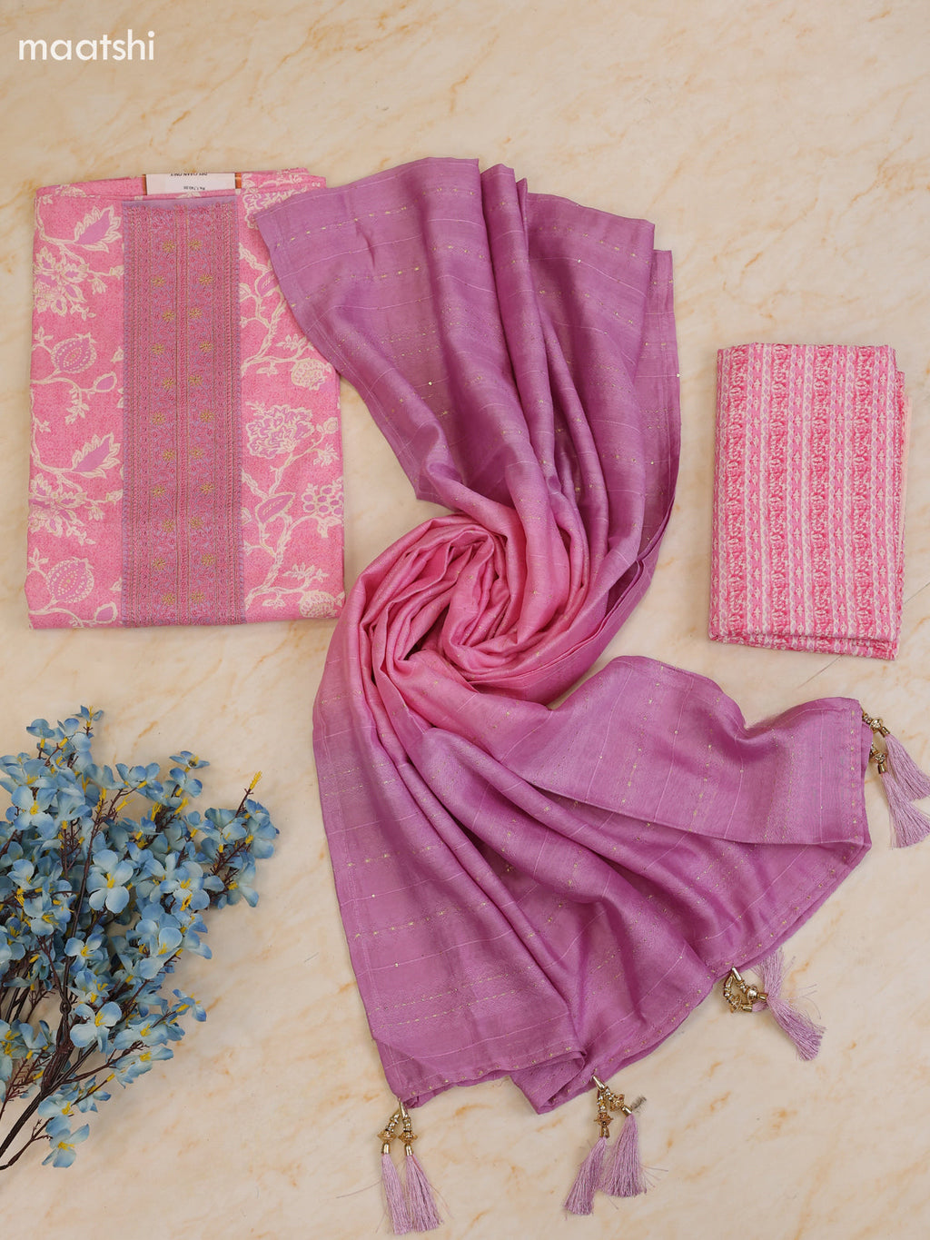 Pink Cotton Dress Material With Printed & Patch Work Neck Pattern With Bottom and Dupatta