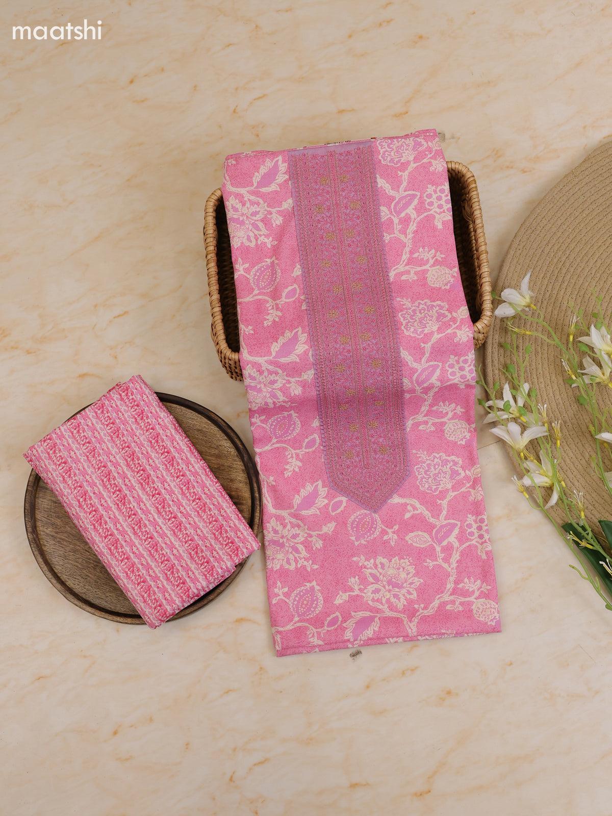 Pink Cotton Dress Material With Printed & Patch Work Neck Pattern With Bottom and Dupatta