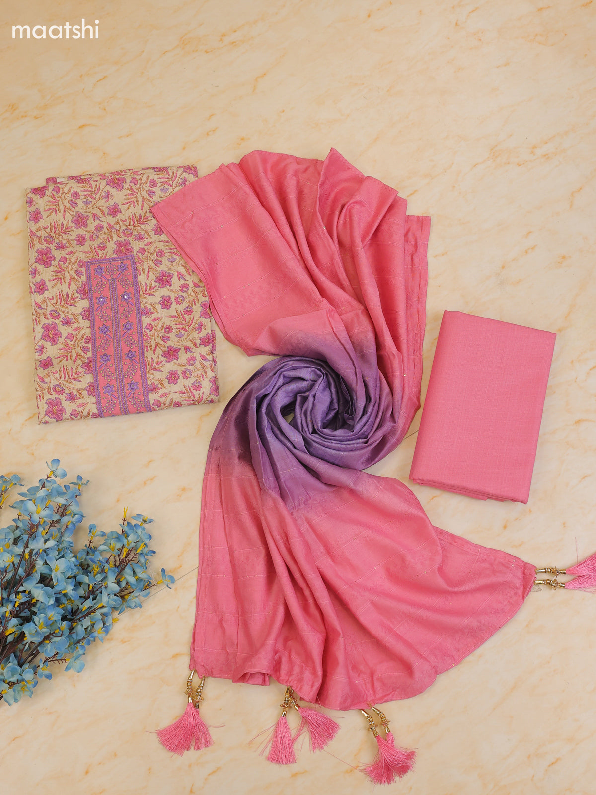 Mauve Pink and Cream Cotton Dress Material With Printed & Patch Work Neck Pattern With Bottom and Dupatta