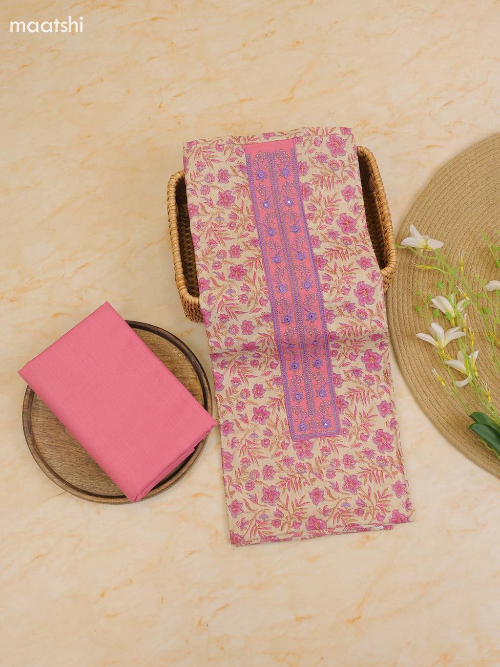Mauve Pink and Cream Cotton Dress Material With Printed & Patch Work Neck Pattern With Bottom and Dupatta
