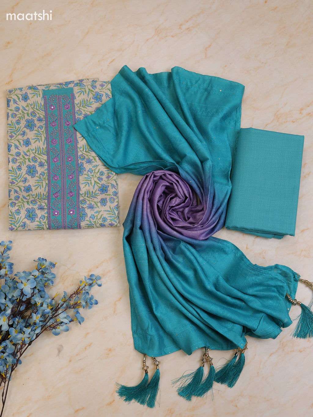 Teal Blue and Cream Cotton Dress Material With Printed & Patch Work Neck Pattern With Bottom and Dupatta