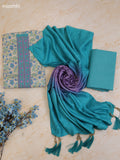 Teal Blue and Cream Cotton Dress Material With Printed & Patch Work Neck Pattern With Bottom and Dupatta