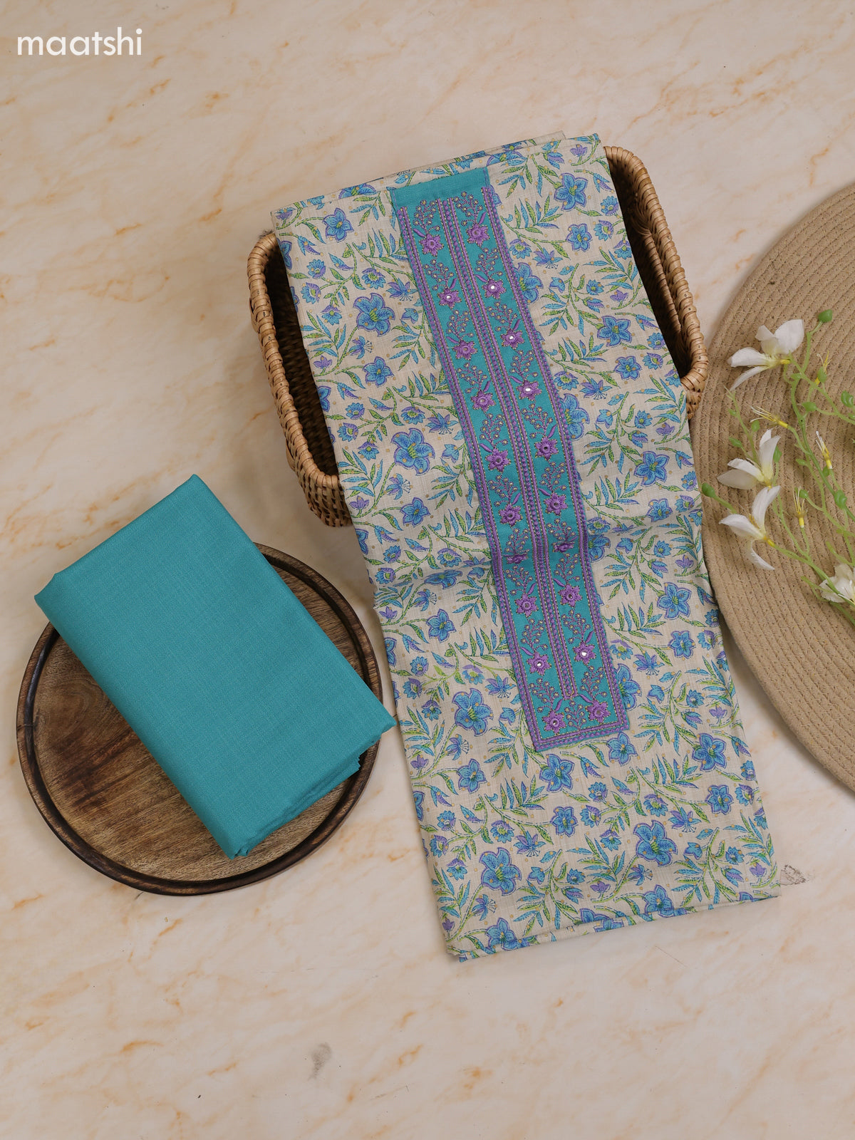 Teal Blue and Cream Cotton Dress Material With Printed & Patch Work Neck Pattern With Bottom and Dupatta