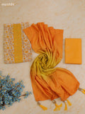Mustard Yellow and Cream Cotton Dress Material With Printed & Patch Work Neck Pattern With Bottom and Dupatta