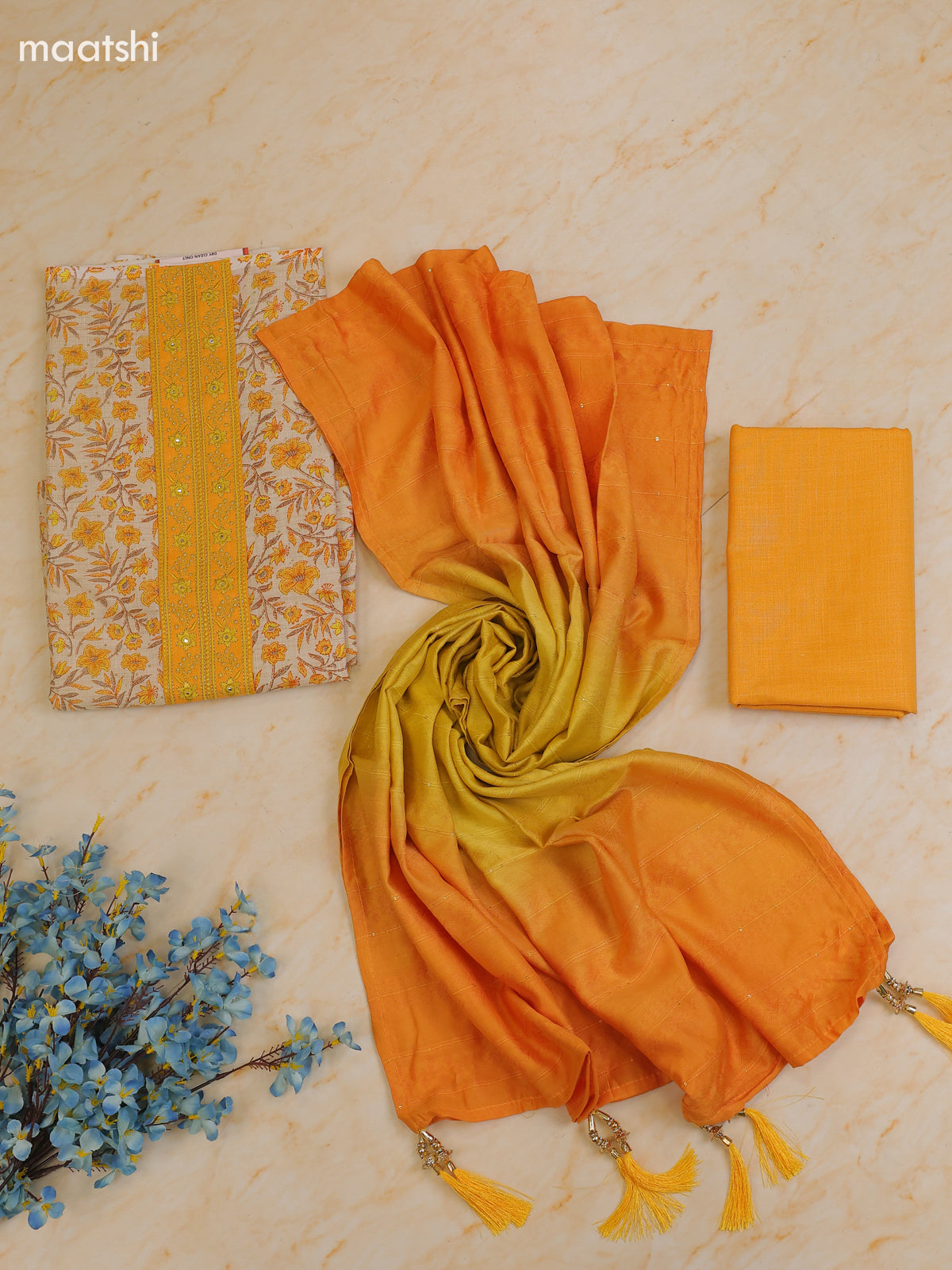 Mustard Yellow and Cream Cotton Dress Material With Printed & Patch Work Neck Pattern With Bottom and Dupatta