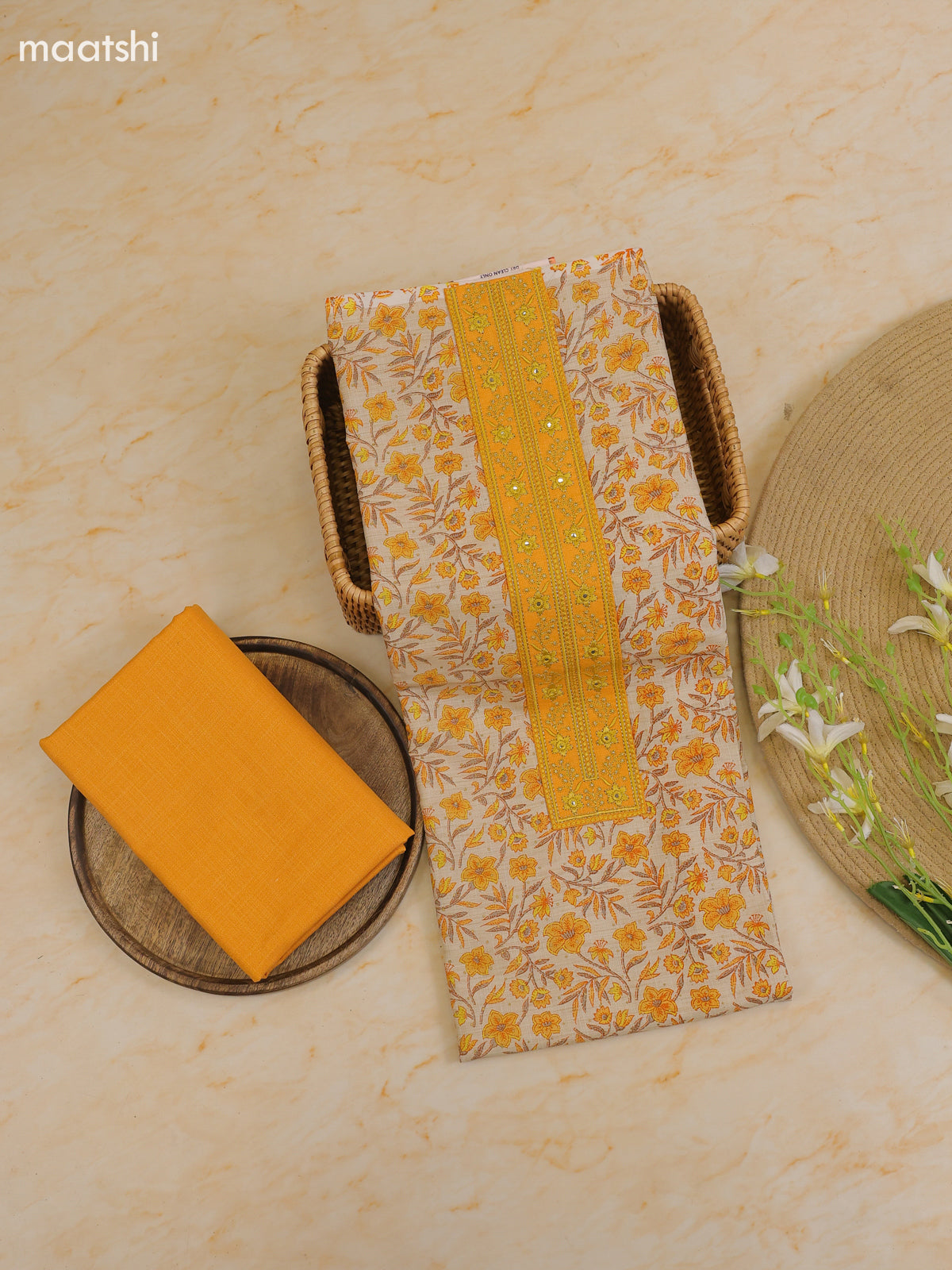 Mustard Yellow and Cream Cotton Dress Material With Printed & Patch Work Neck Pattern With Bottom and Dupatta