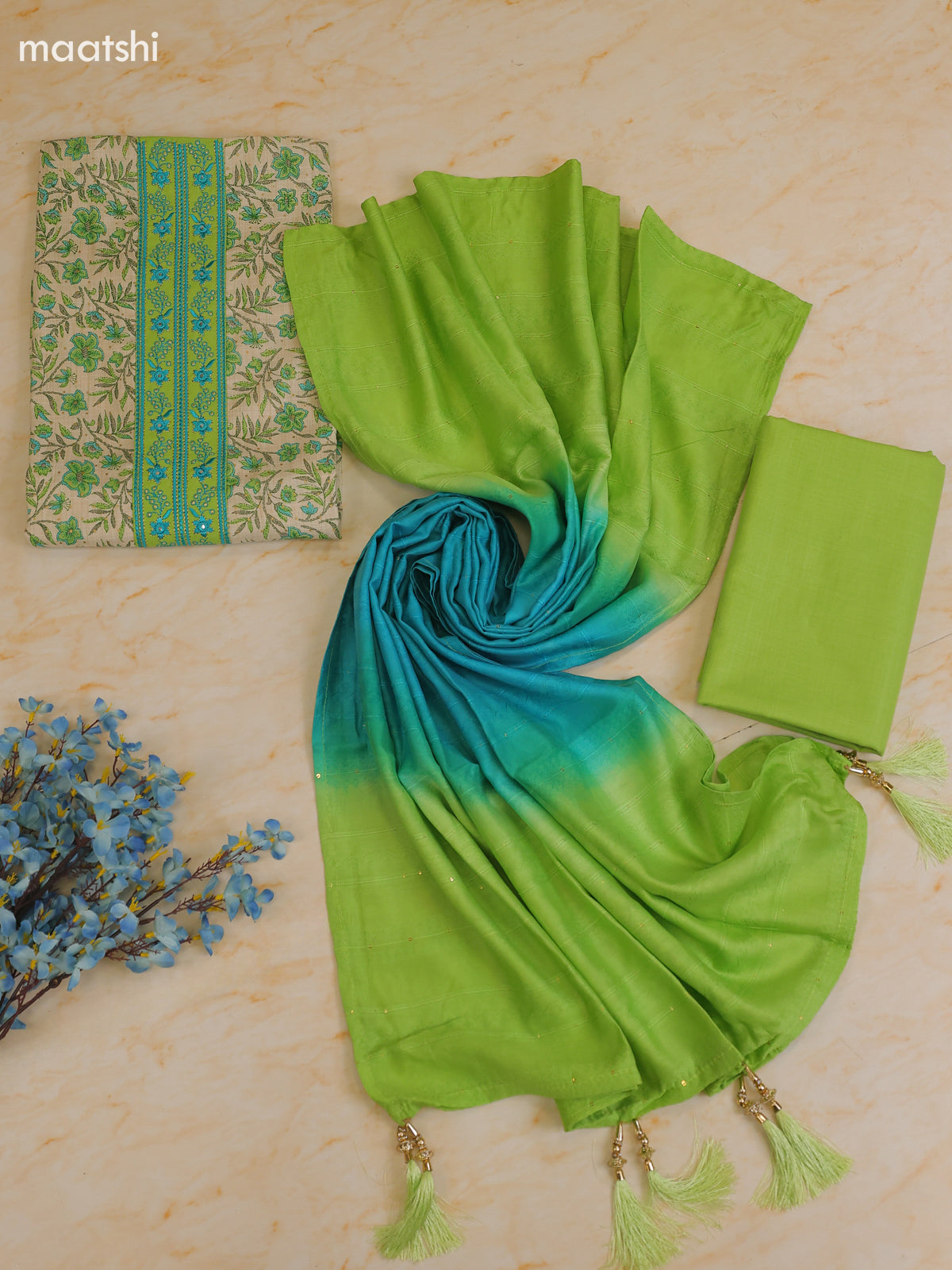 Light Green and Cream Cotton Dress Material With Printed & Patch Work Neck Pattern With Bottom and Dupatta