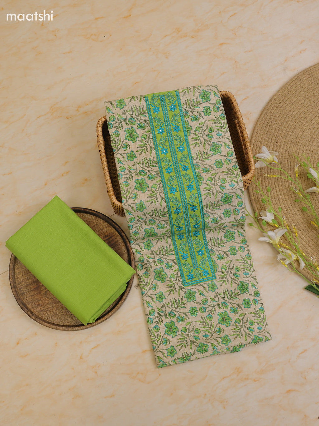 Light Green and Cream Cotton Dress Material With Printed & Patch Work Neck Pattern With Bottom and Dupatta