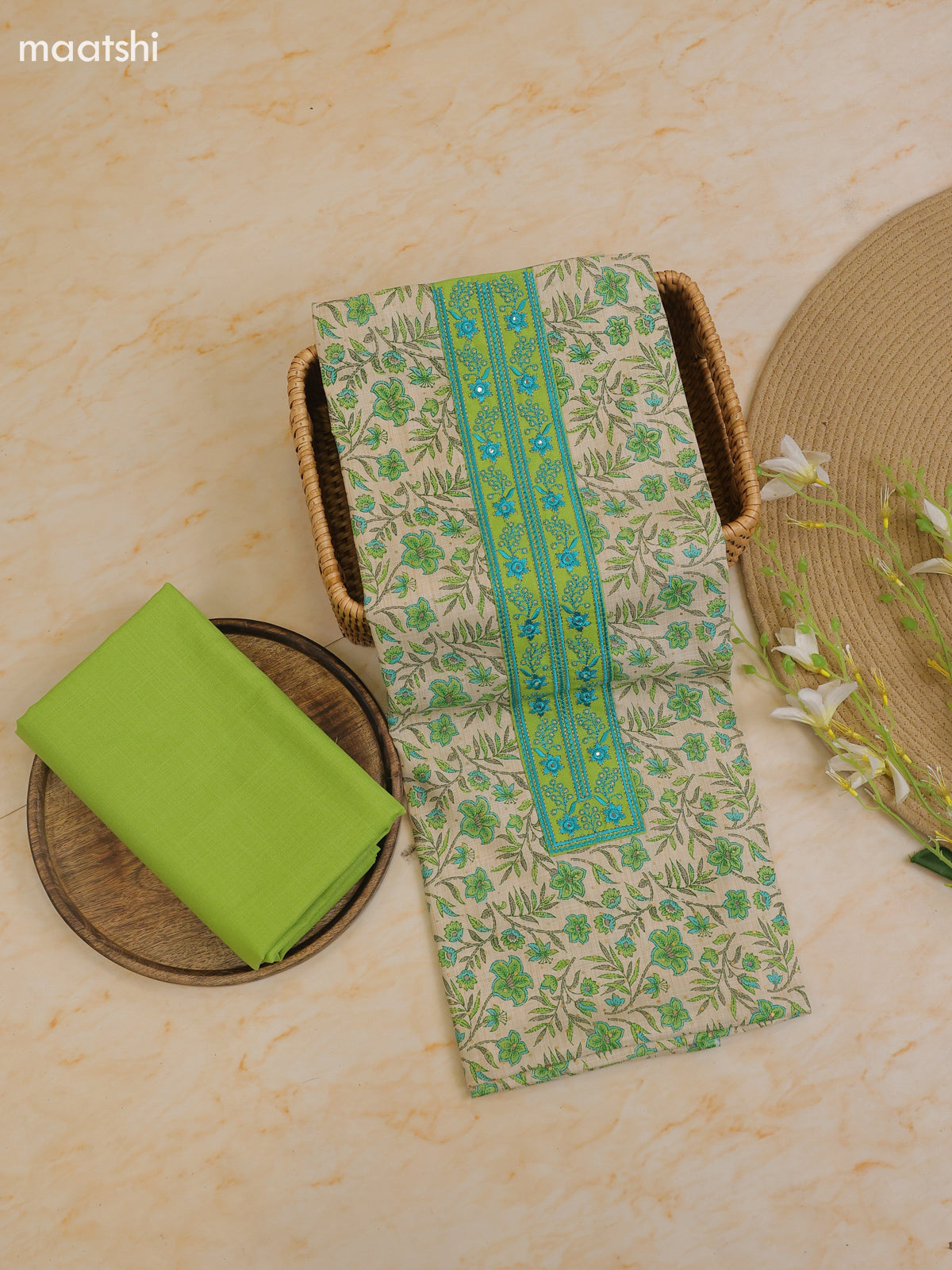 Light Green and Cream Cotton Dress Material With Printed & Patch Work Neck Pattern With Bottom and Dupatta