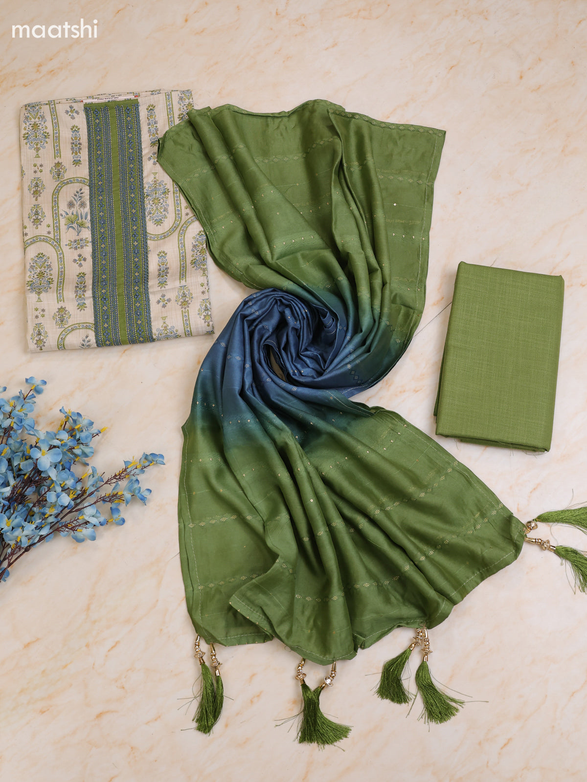 Green and Cream Cotton Dress Material With Printed & Patch Work Neck Pattern With Bottom and Dupatta