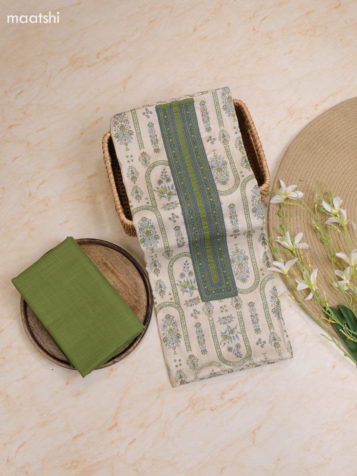 Green and Cream Cotton Dress Material With Printed & Patch Work Neck Pattern With Bottom and Dupatta