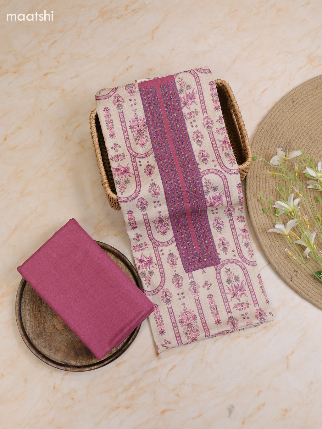 Purple and Cream Cotton Dress Material With Printed & Patch Work Neck Pattern With Bottom and Dupatta