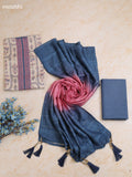 Greyish Blue and Cream Cotton Dress Material With Printed & Patch Work Neck Pattern With Bottom and Dupatta