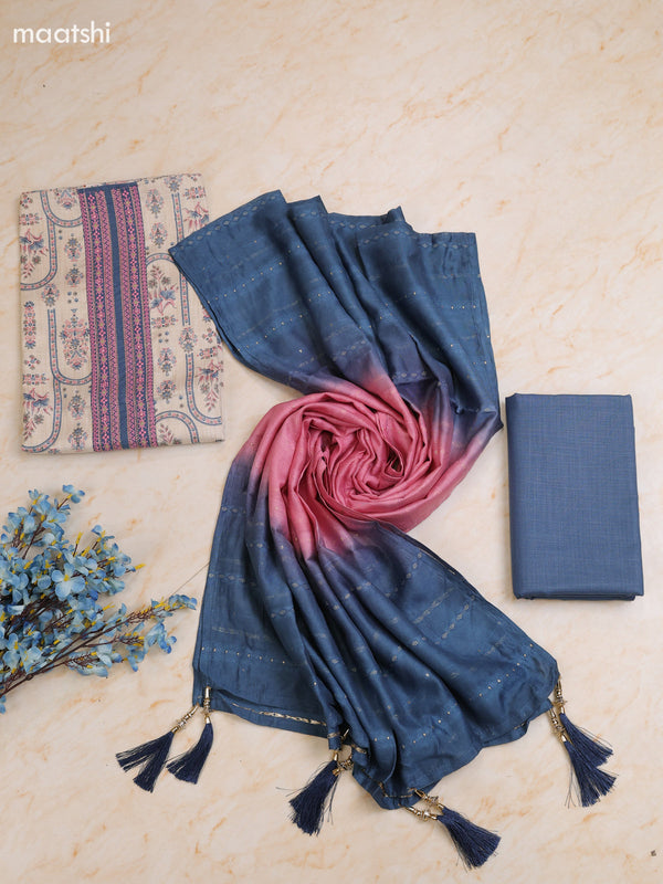 Greyish Blue and Cream Cotton Dress Material With Printed & Patch Work Neck Pattern With Bottom and Dupatta