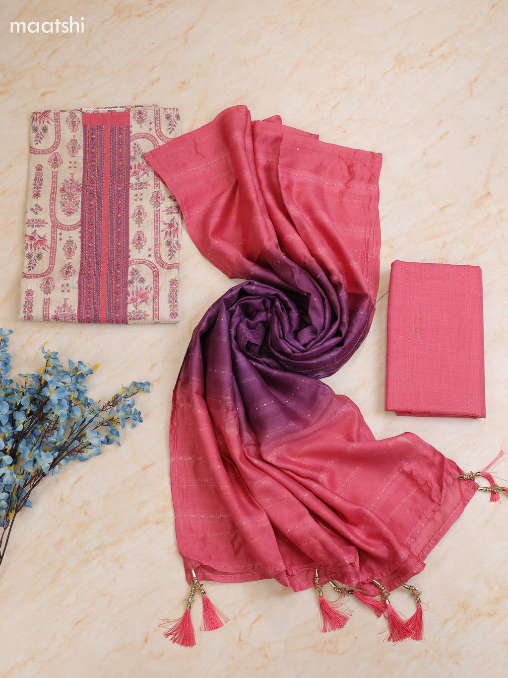 Dark Pink and Cream Cotton Dress Material With Printed & Patch Work Neck Pattern With Bottom and Dupatta