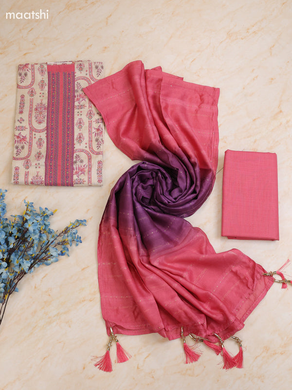Dark Pink and Cream Cotton Dress Material With Printed & Patch Work Neck Pattern With Bottom and Dupatta
