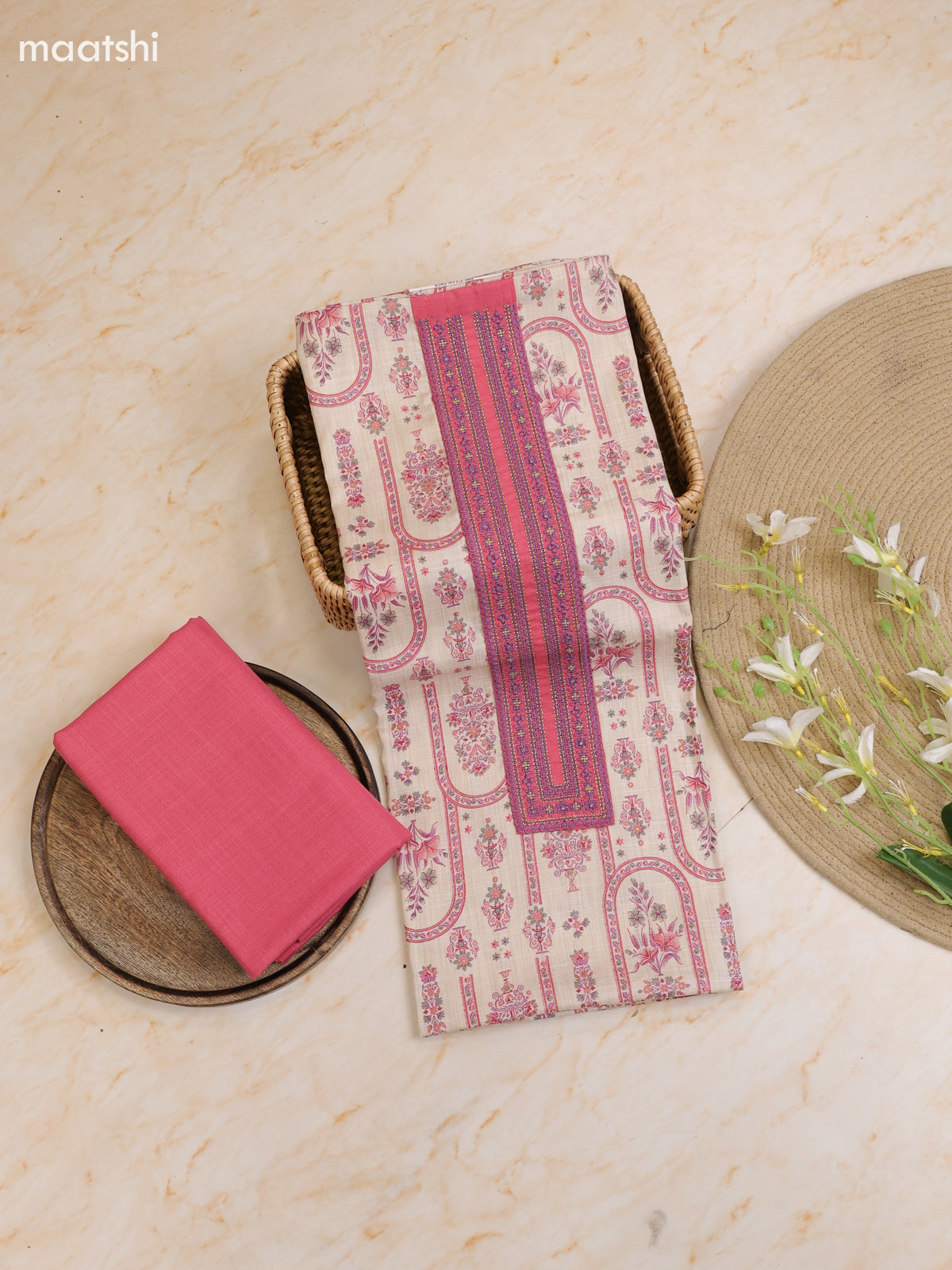 Dark Pink and Cream Cotton Dress Material With Printed & Patch Work Neck Pattern With Bottom and Dupatta