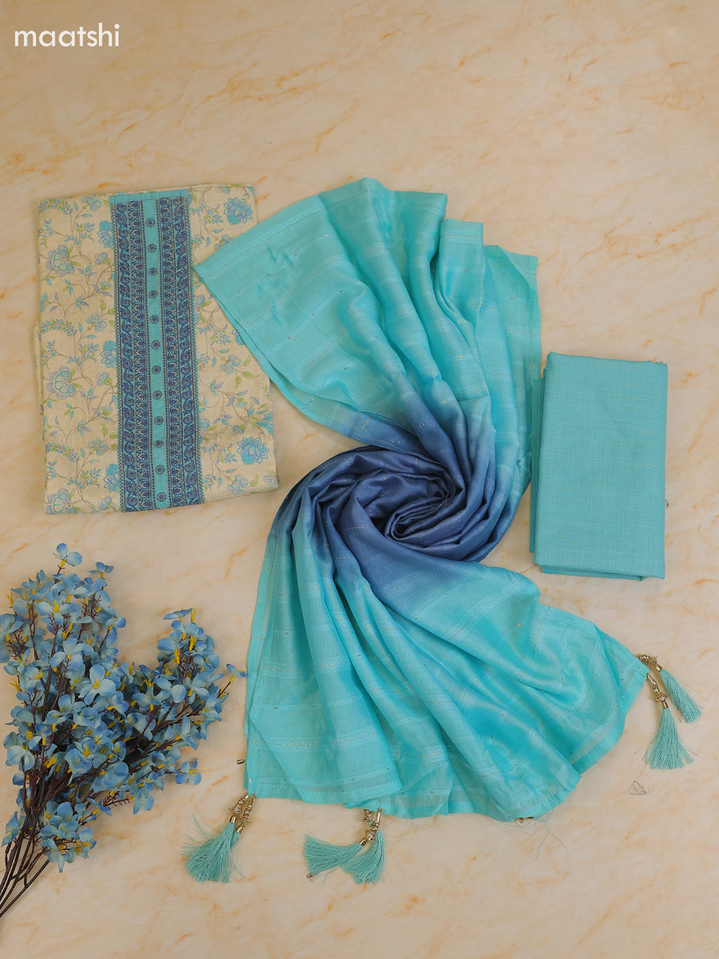 Light Blue and Cream Cotton Dress Material With Printed & Patch Work Neck Pattern With Bottom and Dupatta