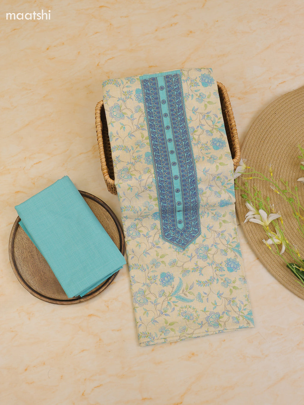Light Blue and Cream Cotton Dress Material With Printed & Patch Work Neck Pattern With Bottom and Dupatta