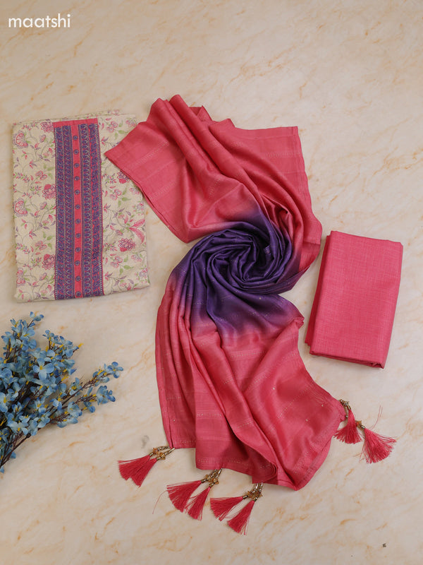 Dark Pink and Cream Cotton Dress Material With Printed & Patch Work Neck Pattern With Bottom and Dupatta