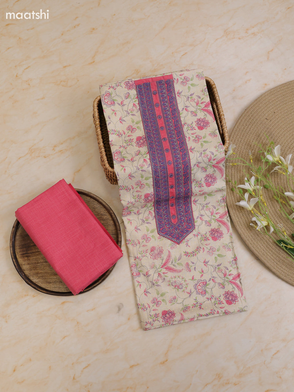 Dark Pink and Cream Cotton Dress Material With Printed & Patch Work Neck Pattern With Bottom and Dupatta